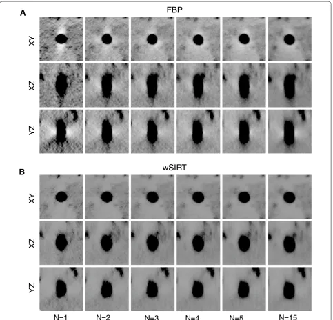 Fig. 6 Tomogram views (image quality improves asmissing cone problem when XY, YZ, and XZ) of a 5-nm gold particle with respect to the number of tilt series N