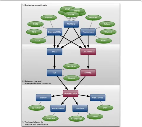 Figure 1 A schematic flow from data through querying to analysis, visualization and browsing that were collaboratively endeavored inthe BioHackathon 2010