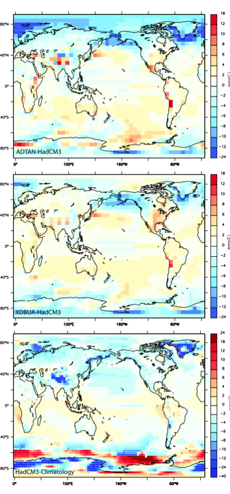 Table 3. Error in 1.5 m temperature by region. The ﬁrst line foreach region are differences with respect to HadCM3, the secondline are differences with respect to observations (Legates and Will-mott, 1990)
