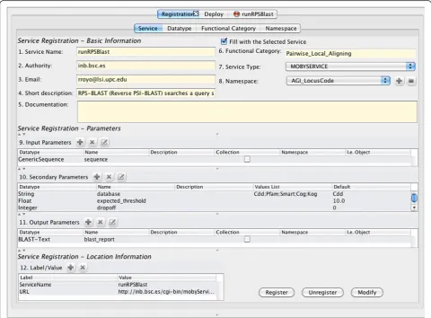Figure 3 Registering a service using Flipper. This shows the metadata necessary for registering the service runRPSBlast