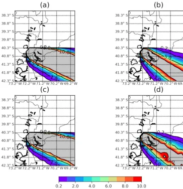 Figure 5. Ash mass loading on 7 June at 12:00 UTC for (a) the nature run with constant parameters, (c) the run with observational errorand constant parameters, the (b) nature run with time-dependent parameters, and (d) the run with observational error and 