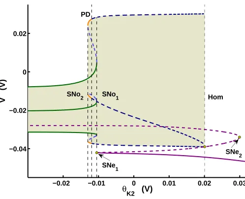 Figure (2.4). The dependence of equilibria and periodic orbits on the parametersaddle orbit (dashed light blue curves) betweena saddle orbit at a saddle-node bifurcation for periodic orbits (with a stable orbit (solid orange curves).bifurcation (in a homoc