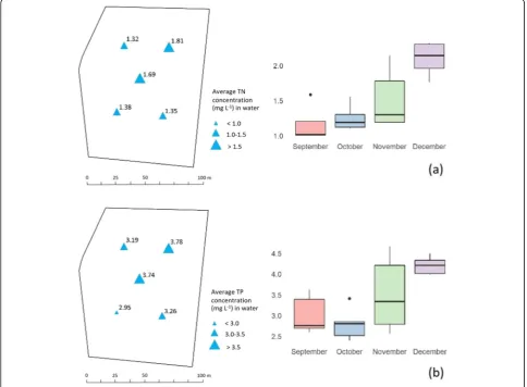 Fig. 4 Spatio-temporal variations of (a) total nitrogen and (b) total phosphorus in the water during a 90-d crop cycle