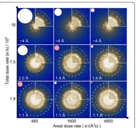 Fig. 2 Time-dependent resolution during prolonged electron illumi-nation. Radial profiles of FFTs from a series of images recorded back-to-back, after unblanking the electron beam at time 0 s, with 0.2 s acquisition times in 5 mbar N2