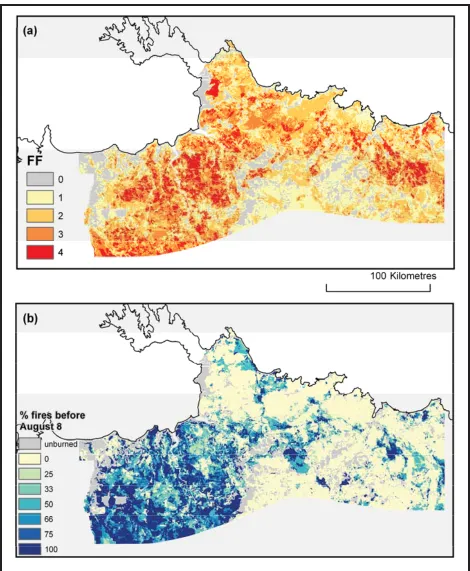 Figure 4:  (a) Map of Fire History Index: The number of ﬁ res from 2002-2005 across the study area