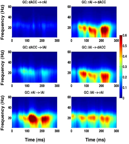Figure 3.5 Granger causality spectra among the SN nodes as a function of time and frequency for stimuli with 0% noise