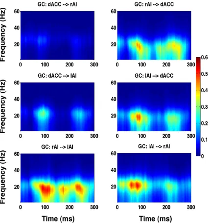 Figure 3.9 Granger causality spectra among the SN nodes as a function of time and frequency for stimuli with 40% noise