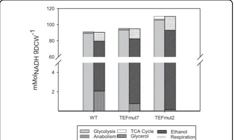 Figure 6 Carbon balances for the S. cerevisiae wild-type strainand the two mutants. Carbon balances and are expressed as C-mol ratio between the amount of metabolites produced (based onfinal masses at the end of fermentation) and glucose consumed.