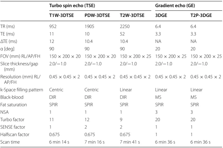 Table 1 Acquisition parameters (TR: repetition time; TE: echo time; ΔTE: echo spacing; α: flip angle; FOV: field-of-view; DIR: double inversion recovery; MS: motion sensitized; SPIR: 
