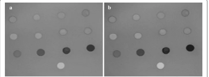 Fig. 2 Appearance of the agarose phantom acquired with the conventional T2W-3DTSE (posed T2PW-GE (a) and the pro-b) technique