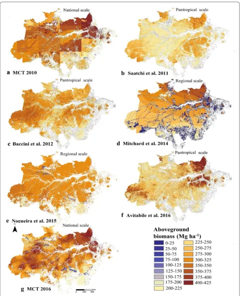 Fig. 4 Spatial distribution of AGB maps in the Brazilian Amazon. The distributions of AGB were normalized for the same biomass ranges