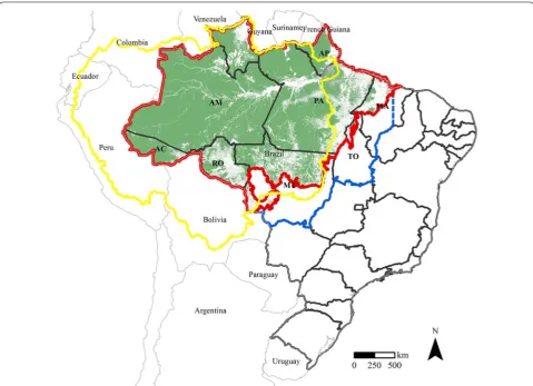 Fig. 1 Spatial distribution of forests in the Brazilian Amazon biome, our study area. Brazilian Amazon biome forests, our study area (red line)