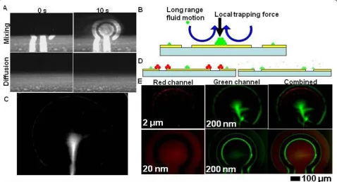 Figure 7 Hybrid electrokinetics for mixing, separation, and concentrationelectrode edge while 200 nm particles are pushed toward the centre of the electrode