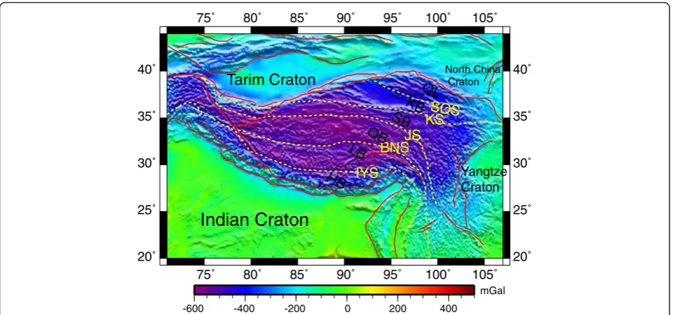 Figure 2 Spatial distribution of Bouguer gravity anomaly in the Tibetan Plateau. The tectonic units are the same as those in Figure 1.