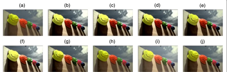 Figure 17 Comparison of enhancement methods with test image Hats. (a) Original. The enhanced image: (b) Global HE