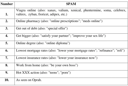 Table 1.1:  List of the top ten most common SPAM [AOL, 2003] 