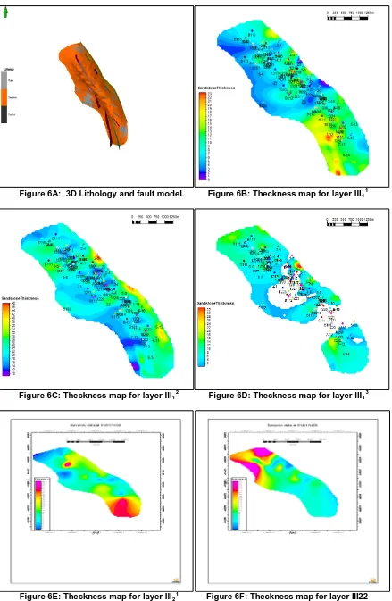 Figure 6A:  3D Lithology and fault model.          Figure 6B: Theckness map for layer III1