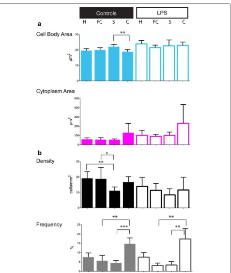 Fig. 3 Characteristics of the amoeboid population and their inter-region variability. Bar charts represent the characteristics of the amoeboid cellmorphology (characterized by a CI = 1, without nodes) and the distribution within the four explored regions: 
