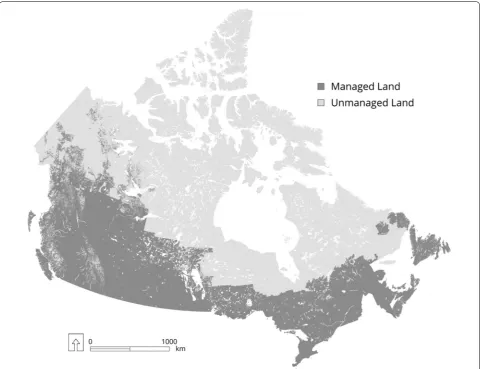 Fig. 2 Distribution of managed and unmanaged land in Canada. The light gray areas are unmanaged and the darker gray areas are managed