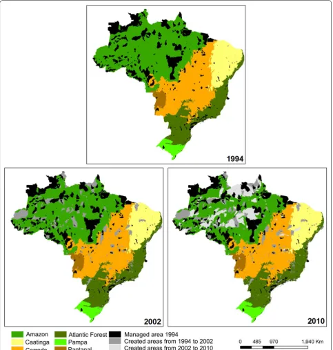 Fig. 3 Distribution of the Conservation Units and Indigenous Lands in the Brazilian territory, by biome, as represented in the Third National GHG Inventory for 2002 and 2010