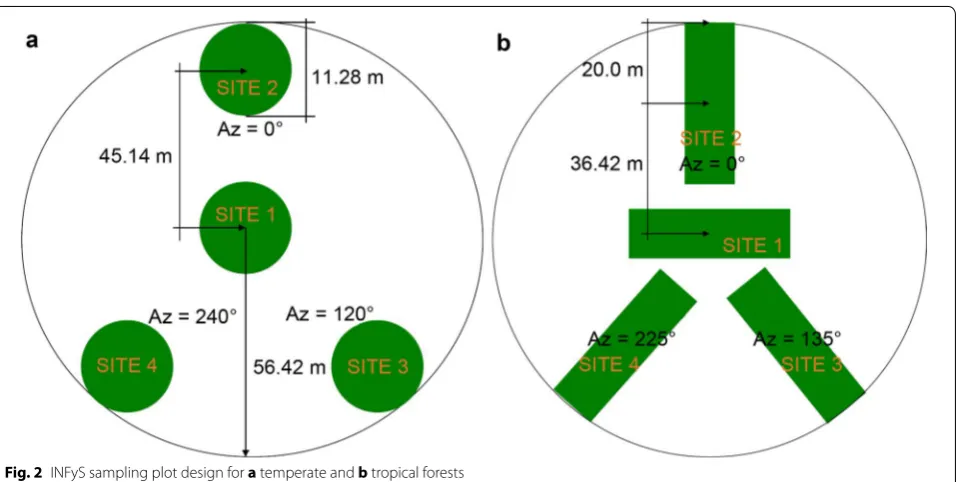 Fig. 2 INFyS sampling plot design for a temperate and b tropical forests
