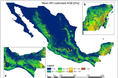 Fig. 7 National forest AGB map based on NFI-estimated AGB, satellite imagery, Cubist machine learning algorithm, and Monte Carlo analyses