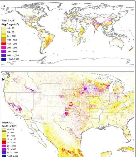 Fig. 6 Total livestock methane emissions in 2011, downscaled to 0.05 × 0.05° resolution, for the globe (a) and detail for the western US (b)