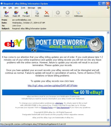 Figure 2.6:A phishing attempt to masquerade the sender as eBay.Note that theURL at the bottom redirects the recipient to the website http://awcg1dln.com and nothttp://www.ebay.com