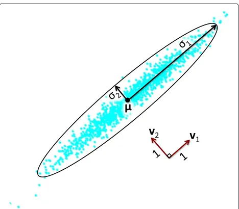 Fig. 11 An illustration of principal components analysis. The datapoints are described by an ellipse centered at the mean μ of the data.The orientation of the ellipse is determined by the principal vectorsv1, v2, and the radii are determined by principal v