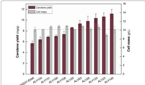 Fig. 4 β-carotene yield and cell mass of representative strains from the combinatory expression library DXS37-IDI46 (pACYC184-AL-mva)