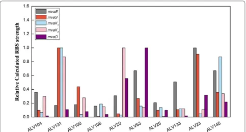 Fig. 5 The relative calculated RBS strength of MVA genes in representative strains from library DXS37-IDI46 (pACYC184-AL-mva)