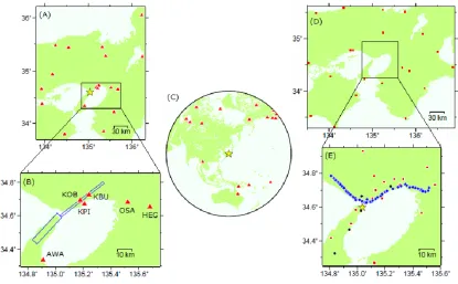 Fig. 1. The S-wave velocity structure beneath each station in the initial model (blue lines) and reﬁned model (red lines), and comparison of transversecomponents for the aftershock at 16:19 on February 2, 1995, with the observed velocity waveforms (black t
