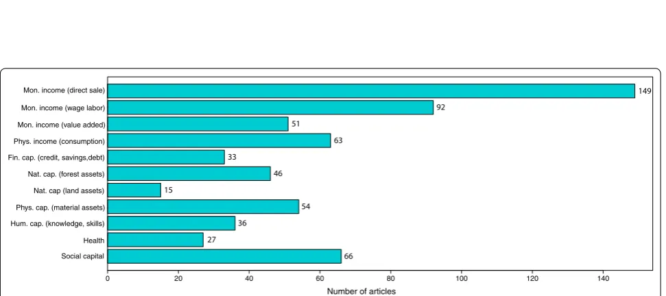 Fig. 8 Frequency of poverty dimensions examined in included articles. As many articles examined more than one dimension, articles can appear in more than one category