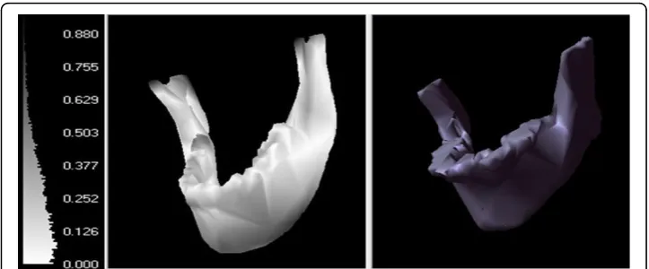 Figure 4 Measuring distancethe left and target meshcentimeter corresponding to the shade of d(pR, ST) in between sample point pR on reference mesh surface on ST on the right