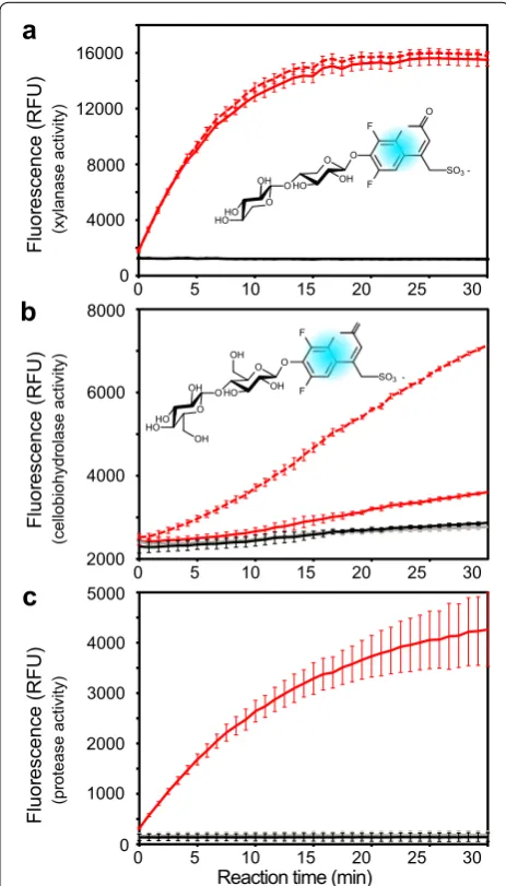 Fig. 2 Hydrolytic activities of crude supernatants. JMY4346 (YNB blank (buffer pH 4.5 containing 150 μM of cellobiose‑based substrate for strains JMY4469 (lineassay performed in 50 mM acetate buffer pH 4.0 containing 25 μg/l of Enzchek Protease substrate f