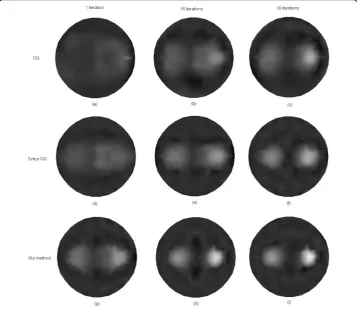 Figure 9 Reconstructed images of absorption coefficient due to exogenous fluorophorestwo objectsThe reconstruction results after one iteration are shown in the first column, 15 iterations in the second μaxf for