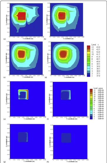 Figure 8 (a), (b), (c) and (d) show the temperature distributions at the x = 42 mm, the frontboundary plane (the level 2 branching vessel plane), for low perfusion rates of 0.5, 0.1, 0.05 and0.01 kg· m-3s-1, respectively