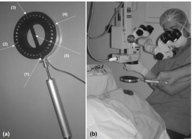 Figure 1itself(a) The projection system: Target with 36 LEDS displayed in a perfect circle to be used during a corneal suturing; (b) the target (a) The projection system: Target with 36 LEDS displayed in a perfect circle to be used during a corneal sutur-ing; (b) the target itself.