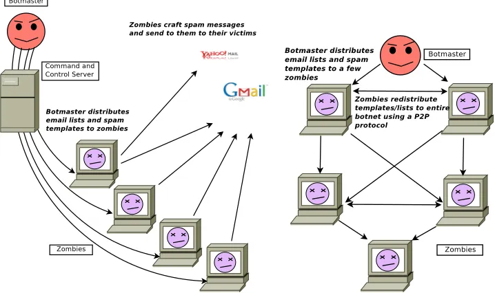 Figure 2.2: Diﬀerences in operation between centralized and peer-to-peer botnets