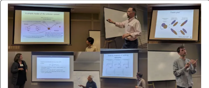 Figure 1 Selected tutorial, plenary, and parallel presentations from ICMNS 2017. Top row, left to right: TaroToyoizumi (RIKEN Institute for Brain Science) presenting a theory of neural gain modulation by closed-loopenvironmental feedback; Peter Thomas (Cas