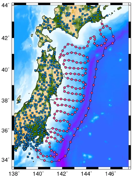Fig. 1.Dense ocean-bottom seismic and tsunami stations (indicated bycircles) are being constructed off the Paciﬁc coast of northeastern Hon-shu, Japan (e.g