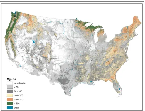 Figure 1 Total forest ecosystem carbon density imputed from forest inventory plots, conterminous U.S., 2000-2009