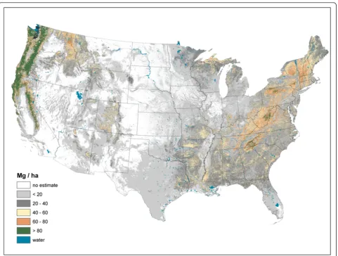 Figure 2 Live tree aboveground carbon density imputed from forest inventory plots, conterminous U.S., 2000-2009.