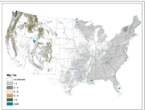 Figure 5 Standing dead tree above ground carbon density imputed from forest inventory plots, conterminous U.S., 2000-2009.