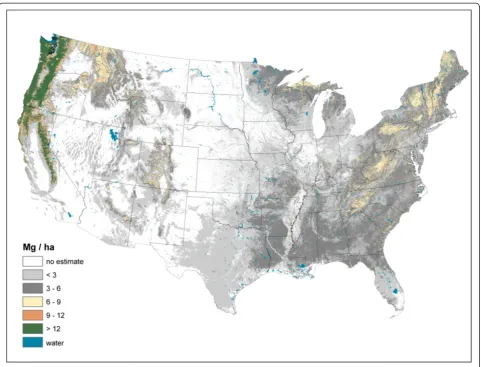 Figure 6 Downed dead wood carbon density imputed from forest inventory plots, conterminous U.S., 2000-2009.