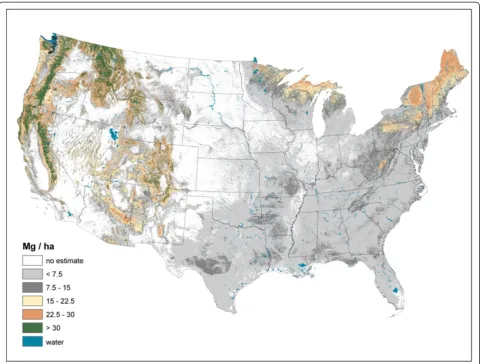 Figure 7 Forest floor carbon density imputed from forest inventory plots, conterminous U.S., 2000-2009.