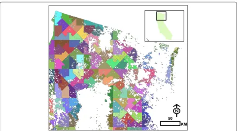 Figure 2 Equal-area segments of the number line passing through each pixel center. Shown is the segmentation where each segmentrepresented 48,000 hectares, the smallest possible sample unit (and highest possible sample number) if each segment is to contain