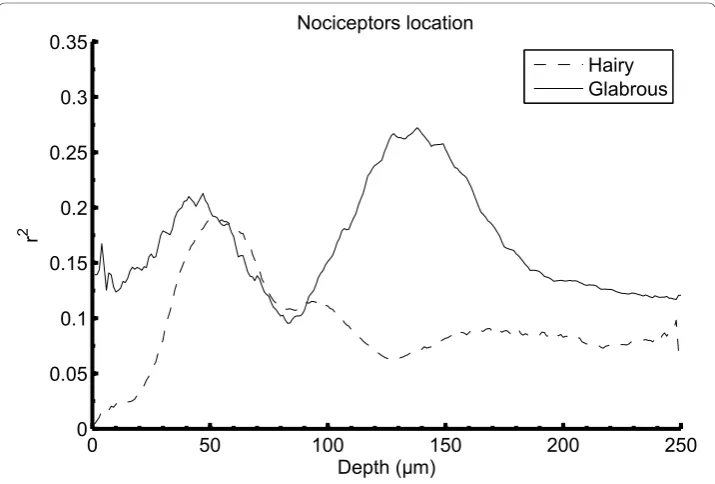 Figure 8 The figure illustrates the modeled sub-surface temperatures following 5 W stimulationsThe maximum temperature reached decreased with depth (400, and 500maximum temperature increased with depth (in hairy skin than in glabrous skin