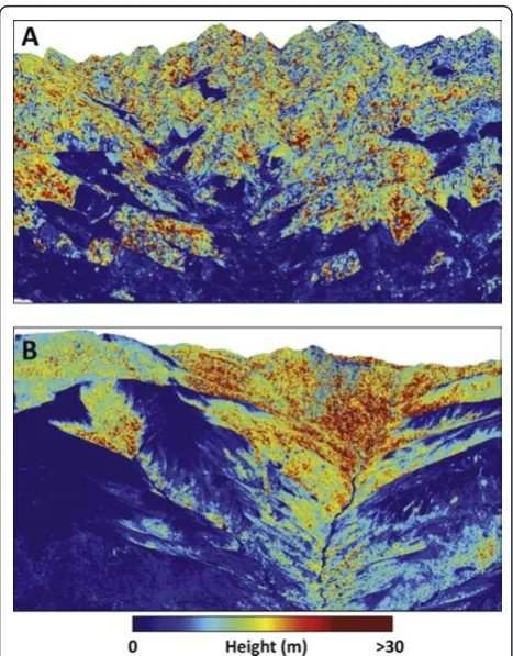 Figure 3 Example LiDAR-based maps of aboveground carbonstocks highlighting: (A) effects of deforestation on humid, low-elevation forests in the northern region, and (B) a naturalgradient in elevation and plant available water, from dryforests with low canopy height in the lowlands to humidforests in the uplands.