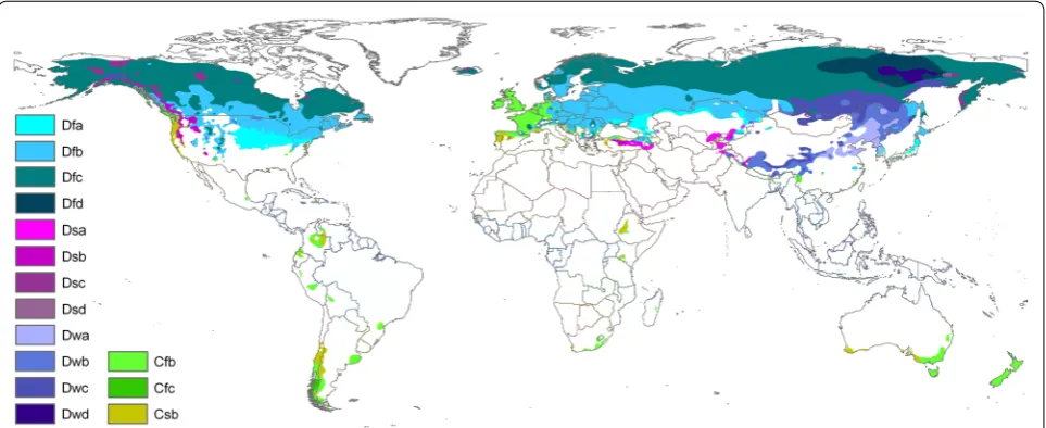 Fig. 1 Köppen-Geiger climate zones judged as relevant to the subject of this review. Relevant zones include all of the cold climate types (D) and some of the temperate ones (C)